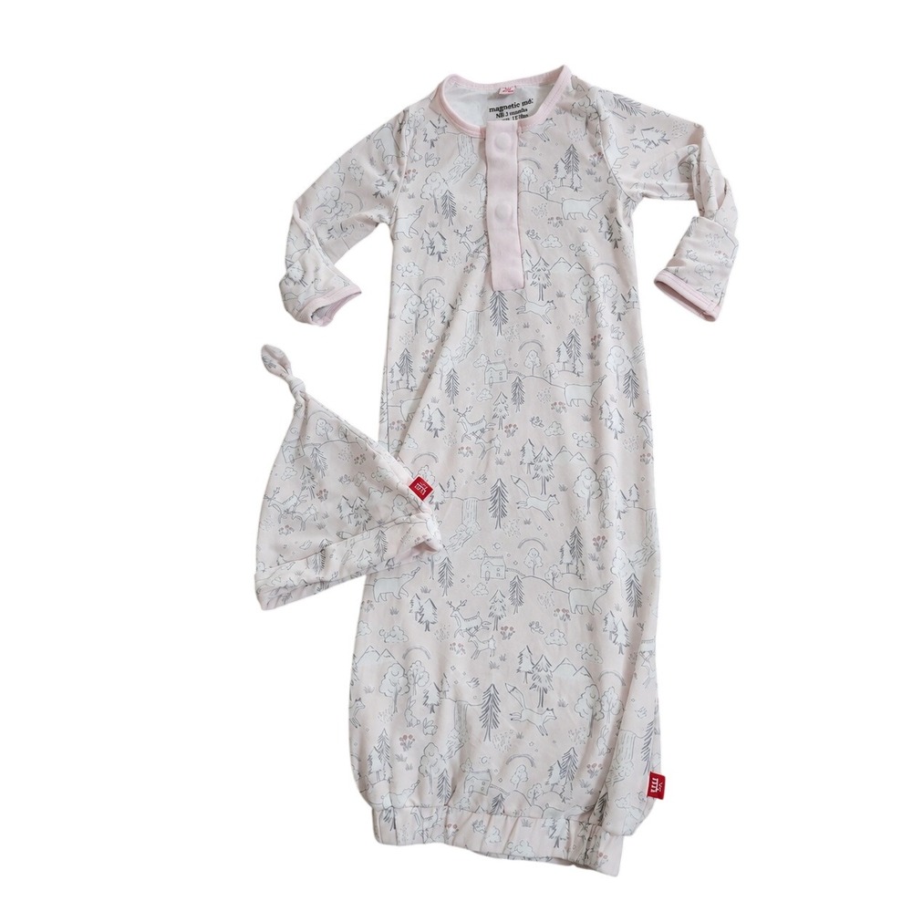 Magnetic Me NB-3 Newborn Pink Woodland Gown and Hat Set Months Magnetic Closure